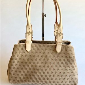 Dooney & Bourke Cream Tan Canvas Signatures Logo Cream Leather Tote Shoulder Bag